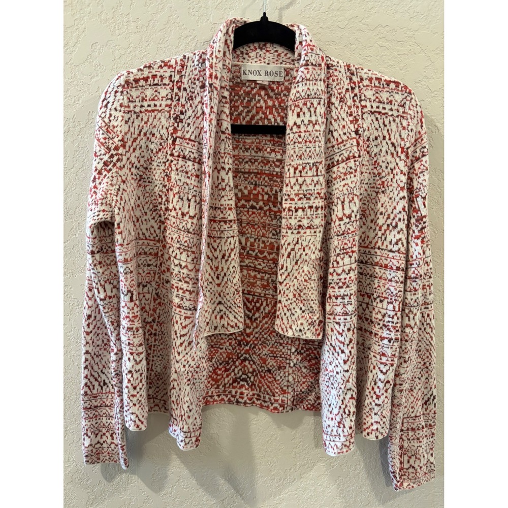 Knox Rose Womens Small Red White Intarsia Open Front Shawl Collar Cardigan